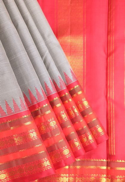 Gray Black Kanchipuram Silk Sarees with Gold Zari Checks
