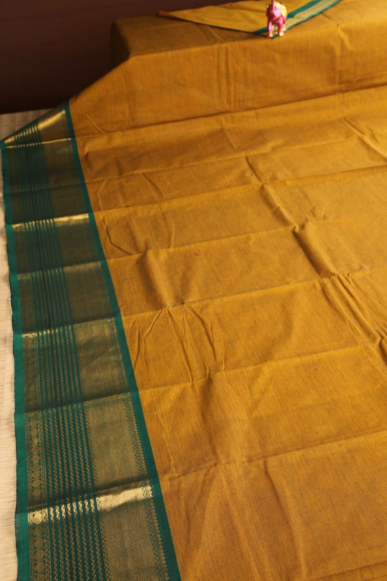 Mango Yello Chettinad Cotton Sarees with Gold Zari Plain view 2