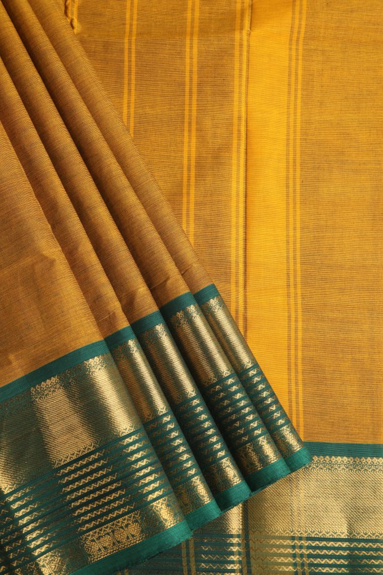 Mango Yello Chettinad Cotton Sarees with Gold Zari Plain view 1