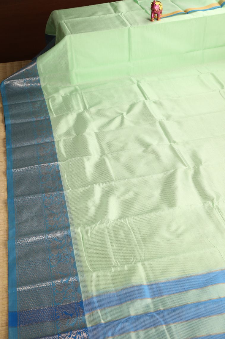 Mint Green Cotton Sarees with Gold Zari Plain view 2