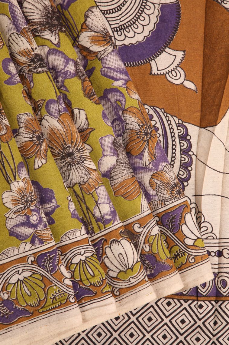 Fawn Yellow Kalamkari with Without Zari Zari Floral Patterns view 1