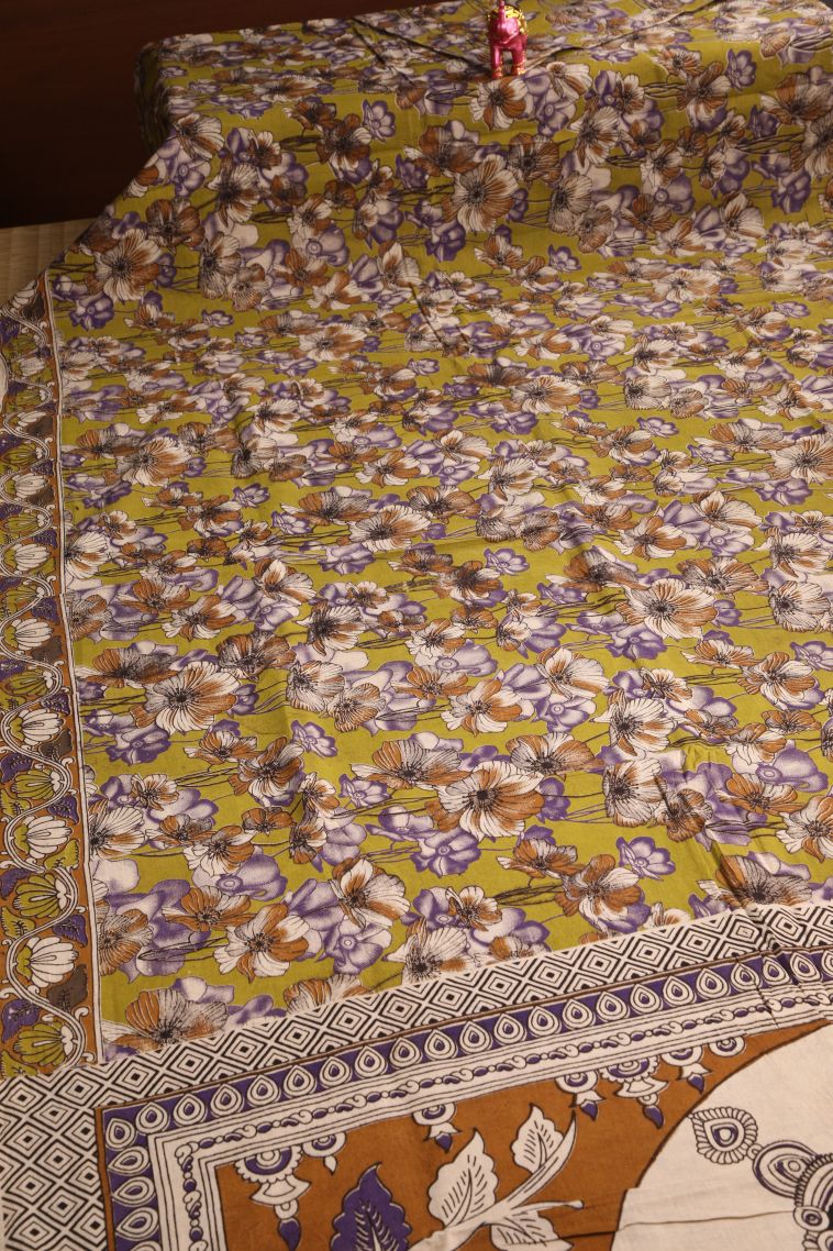 Fawn Yellow Kalamkari with Without Zari Zari Floral Patterns view 2