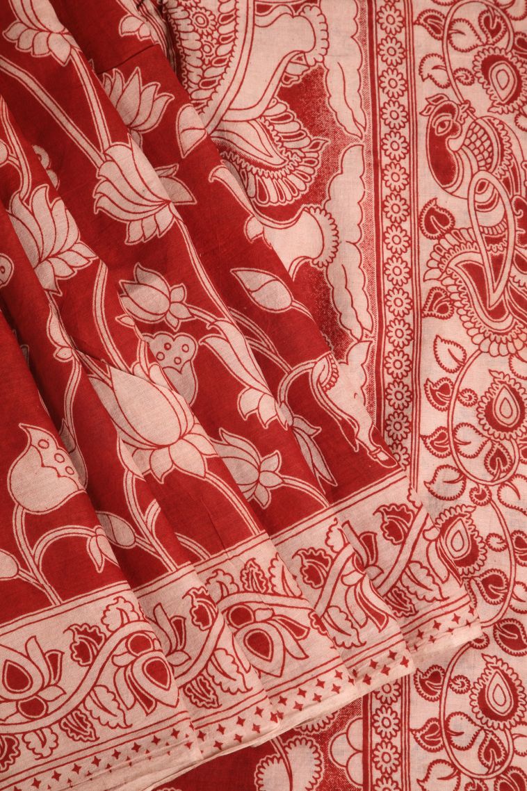 Dawn Red Kalamkari with Without Zari Zari Animal And Bird Motifs view 1