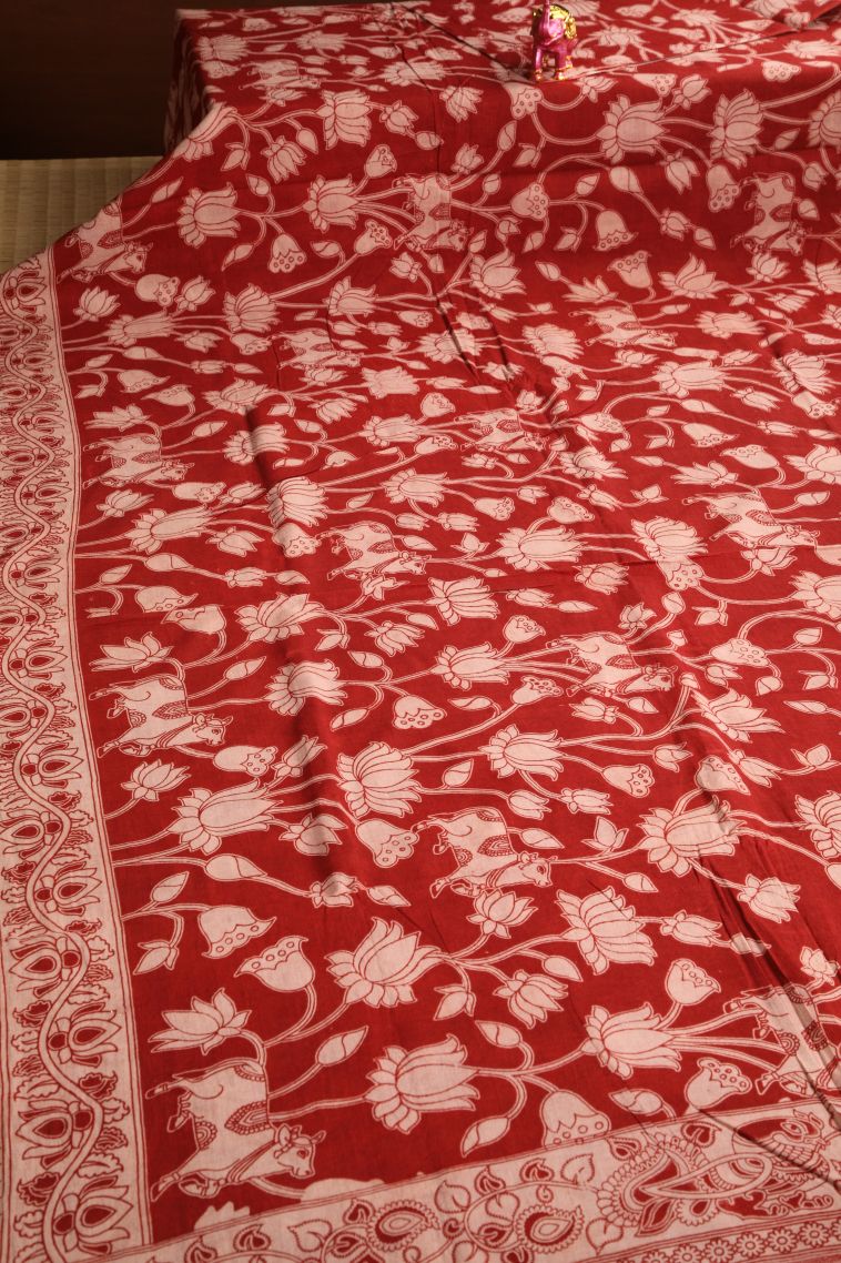 Dawn Red Kalamkari with Without Zari Zari Animal And Bird Motifs view 2