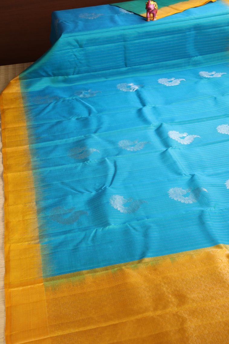 Cerulean Blue Soft Silk Saree with Gold Zari Peacock Motifs view 2