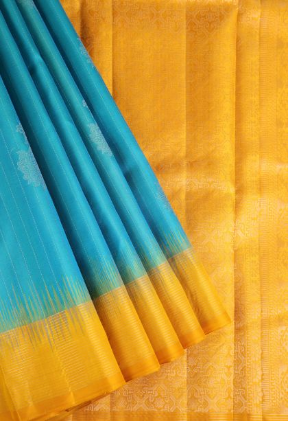 Cerulean Blue Soft Silk Saree with Gold Zari Peacock Motifs