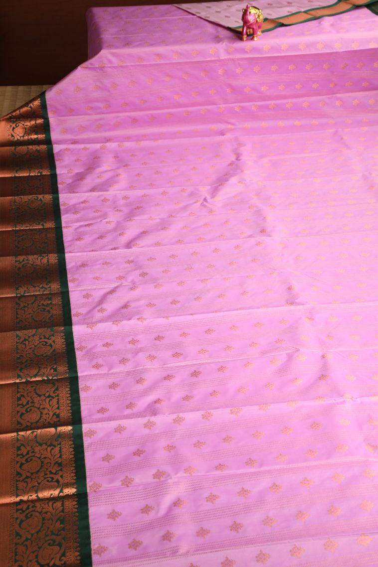 Lean Pink Visiri Madippu Silk Sarees with Copper Zari Buttis (small Dots Or Motifs) view 2