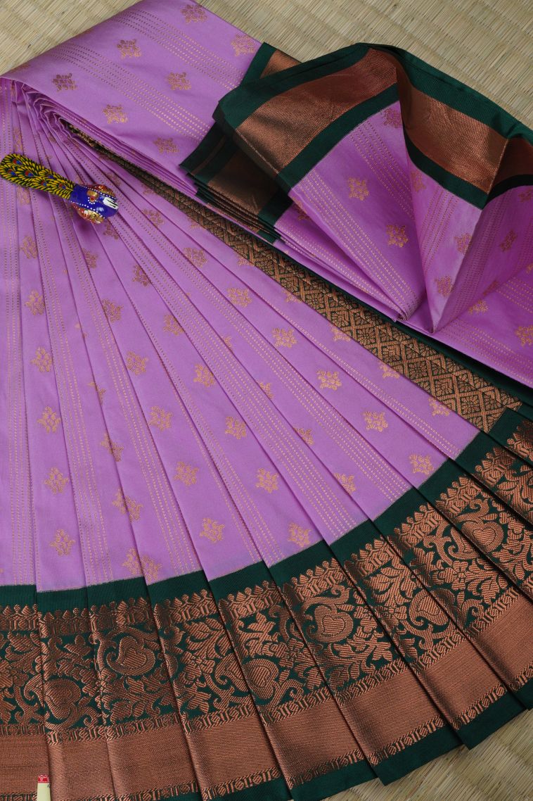 Lean Pink Visiri Madippu Silk Sarees with Copper Zari Buttis (small Dots Or Motifs) view 1