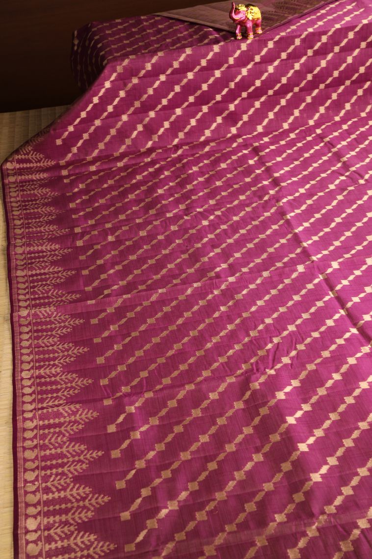 Magenta Purple Semi Tussar Silk with Gold Zari Cross Straipes view 2