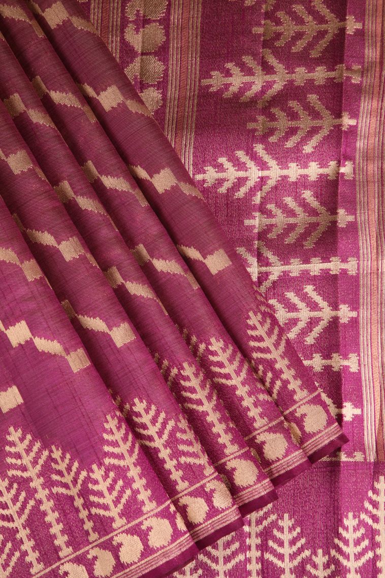 Magenta Purple Semi Tussar Silk with Gold Zari Cross Straipes view 1