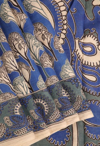 Daffane Blue Kalamkari with Without Zari Zari Floral Patterns