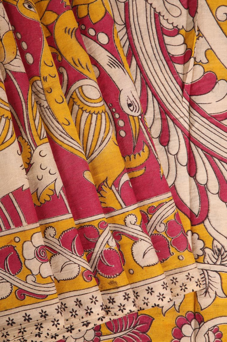 Punch Pink Kalamkari with Without Zari Zari Floral Patterns view 1