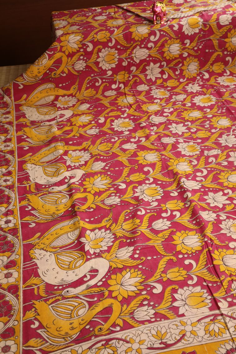 Punch Pink Kalamkari with Without Zari Zari Floral Patterns view 2