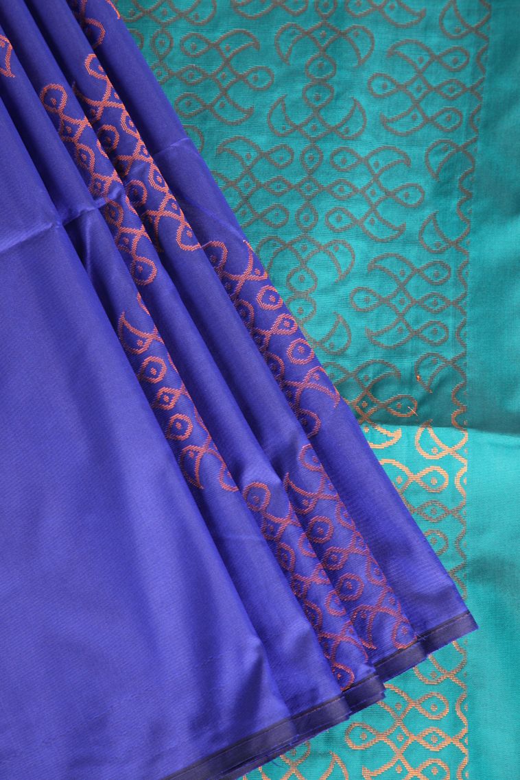 Azure Blue Soft Silk Saree with Copper Zari Kolam Pattern