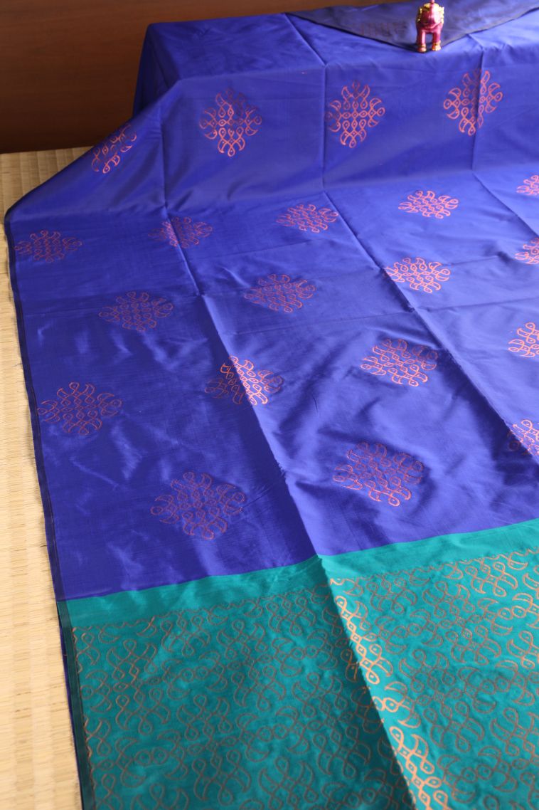 Azure Blue Soft Silk Saree with Copper Zari Kolam Pattern view 2