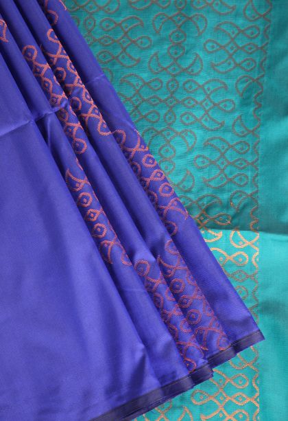 Azure Blue Soft Silk Saree with Copper Zari Kolam Pattern