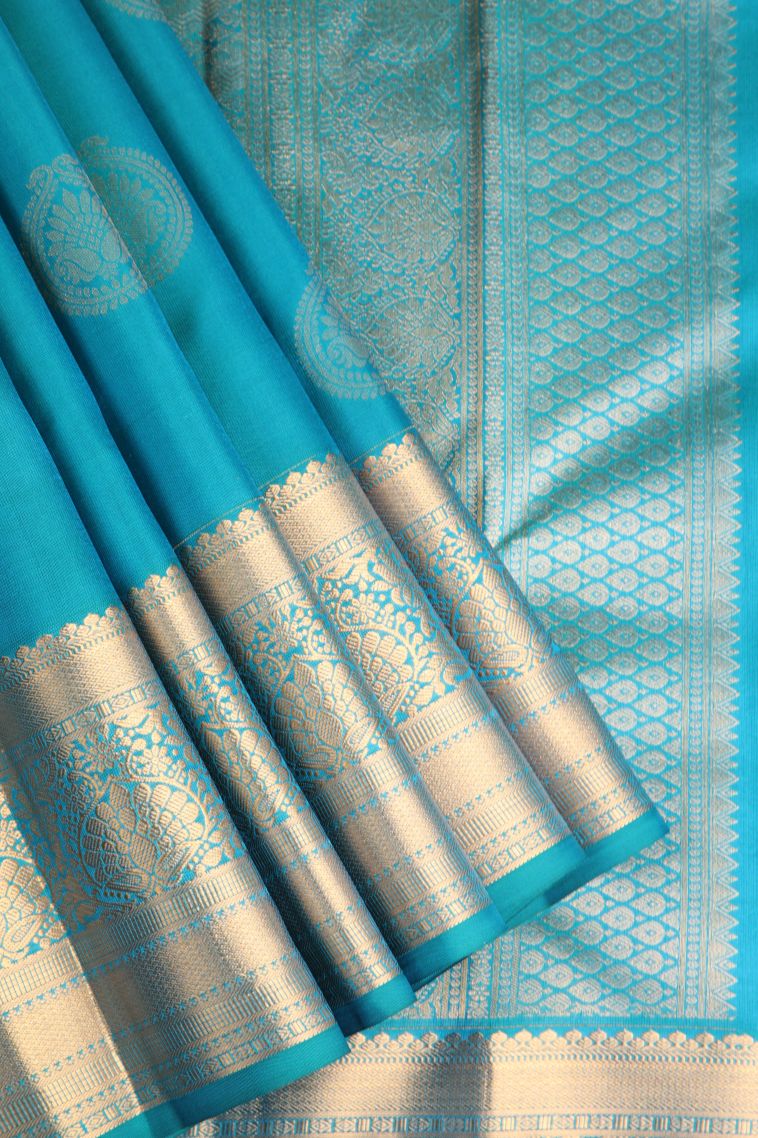 Cerulean Blue Soft Silk Saree with Gold Zari Floral Puttas