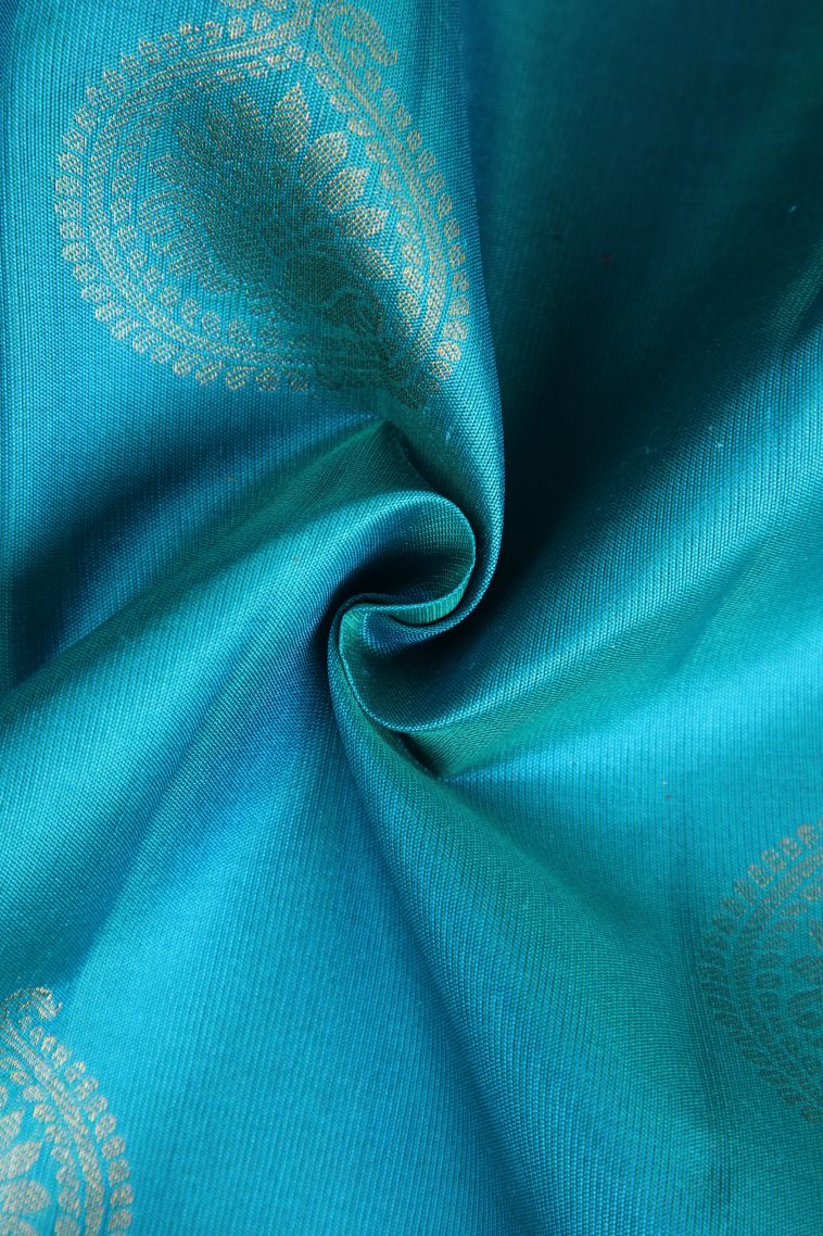 Cerulean Blue Soft Silk Saree with Gold Zari Floral Puttas view 4