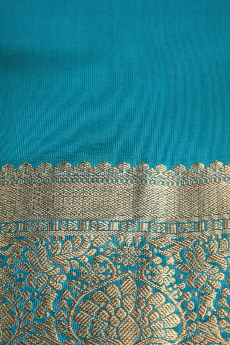 Cerulean Blue Soft Silk Saree with Gold Zari Floral Puttas view 3