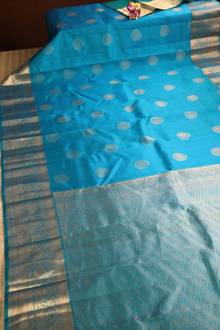 Cerulean Blue Soft Silk Saree with Gold Zari Floral Puttas view 2