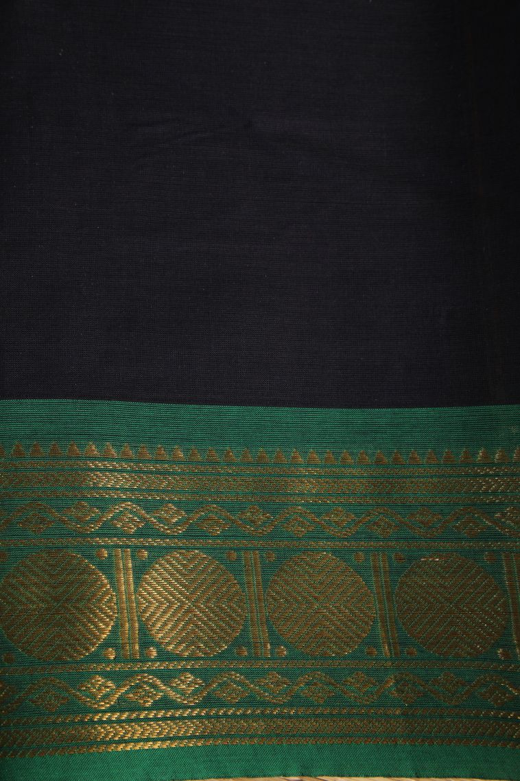 Rock Black Chettinad Cotton Sarees with Gold Zari Buttis (small Dots Or Motifs) view 3