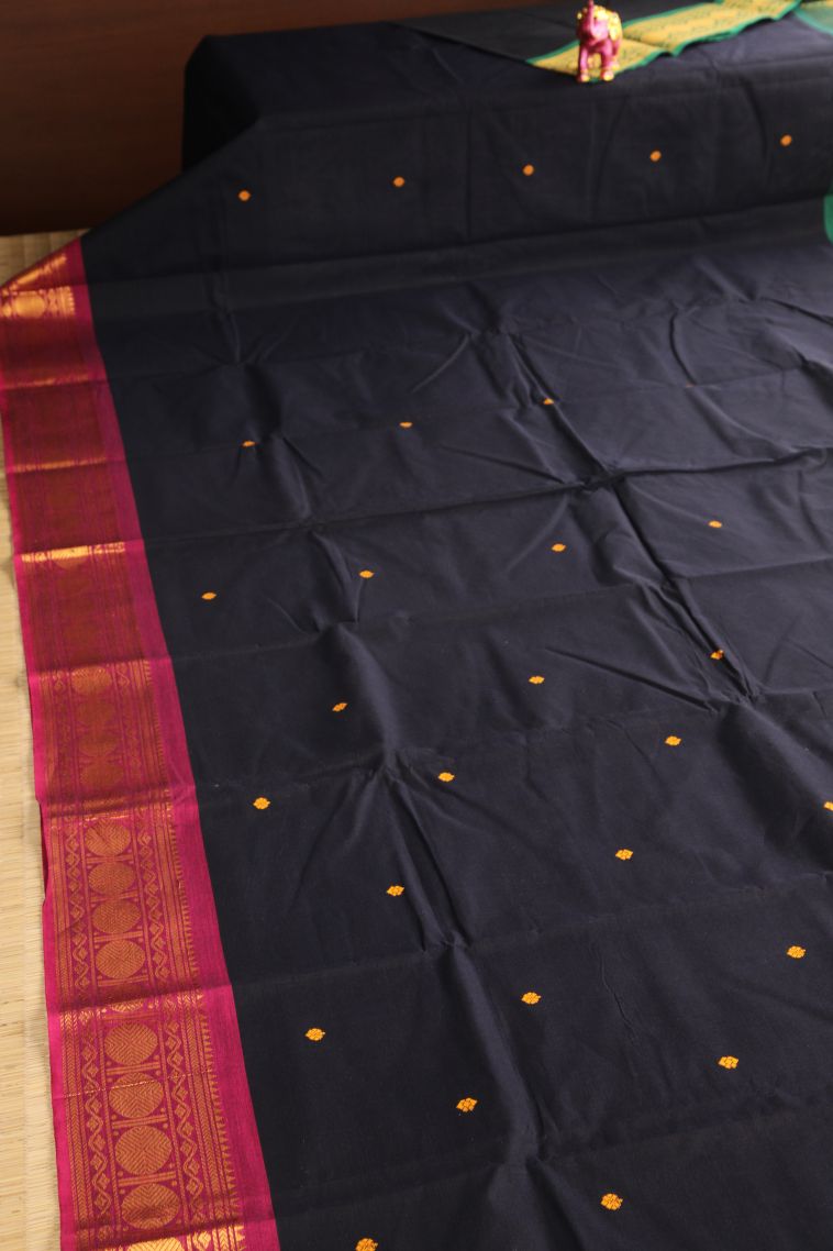 Rock Black Chettinad Cotton Sarees with Gold Zari Buttis (small Dots Or Motifs) view 2