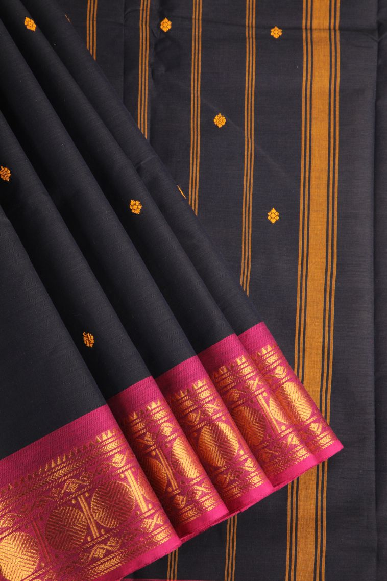 Rock Black Chettinad Cotton Sarees with Gold Zari Buttis (small Dots Or Motifs) view 1