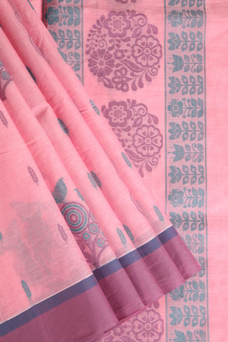 Rose Pink Kovai Cotton Sarees with Without Zari Zari Floral Puttas