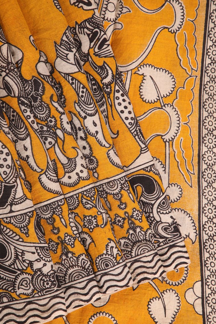 Merigold Orange Kalamkari with Without Zari Zari Birds And Floral Pattern view 1