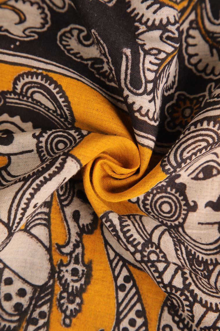 Merigold Orange Kalamkari with Without Zari Zari Birds And Floral Pattern view 4