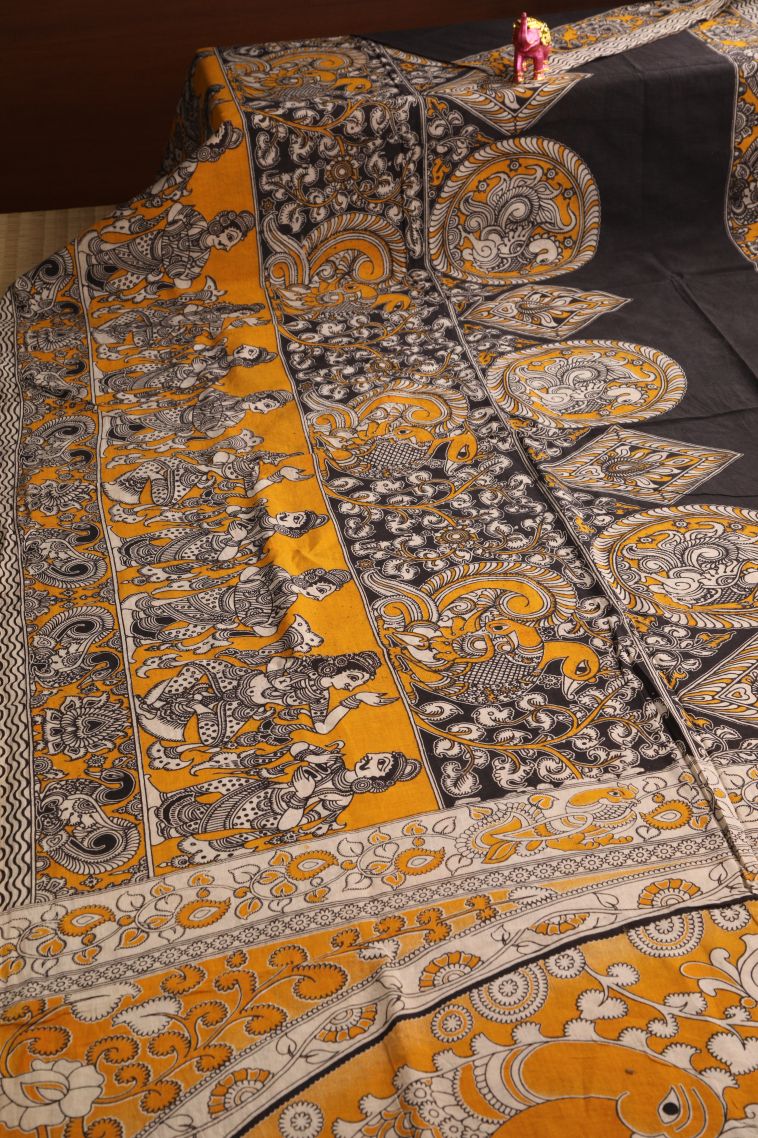Merigold Orange Kalamkari with Without Zari Zari Birds And Floral Pattern view 2
