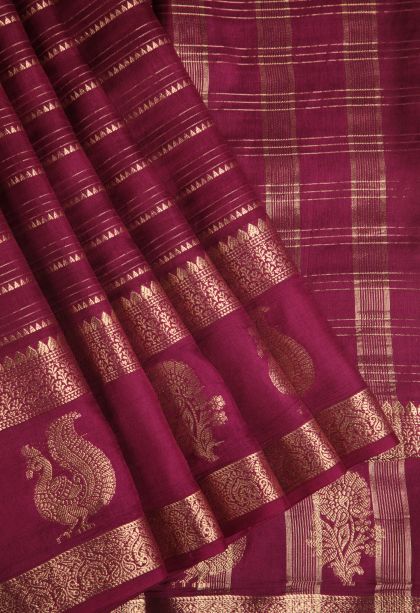 Magenta Purple Fancy Saree with Gold Zari Temple Pattern