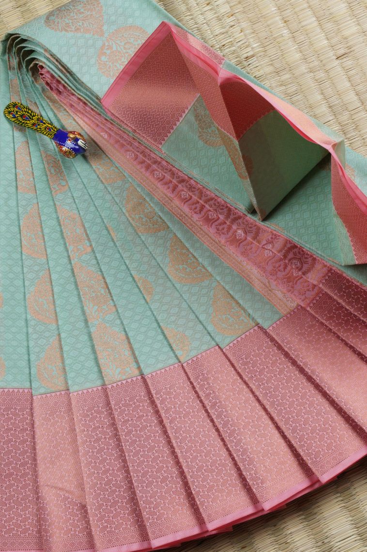 Pistachio Green Visiri Madippu Silk Sarees with Copper Zari Floral Patterns view 1