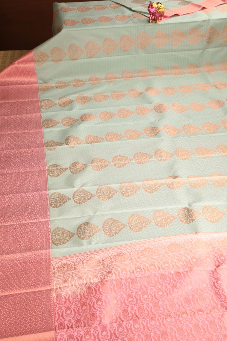 Pistachio Green Visiri Madippu Silk Sarees with Copper Zari Floral Patterns view 2