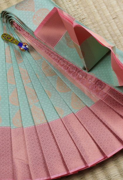 Pistachio Green Visiri Madippu Silk Sarees with Copper Zari Floral Patterns