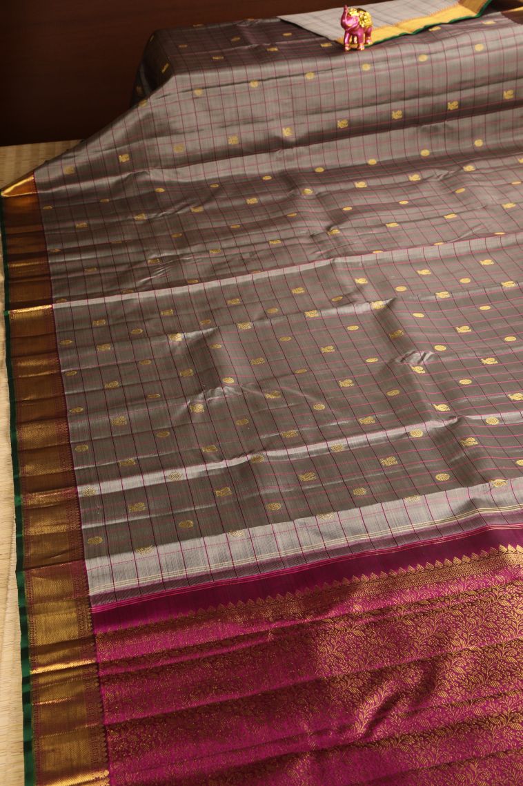 Taupe  Black Kanchipuram Silk Sarees with Gold Zari Checks And Puttas view 2