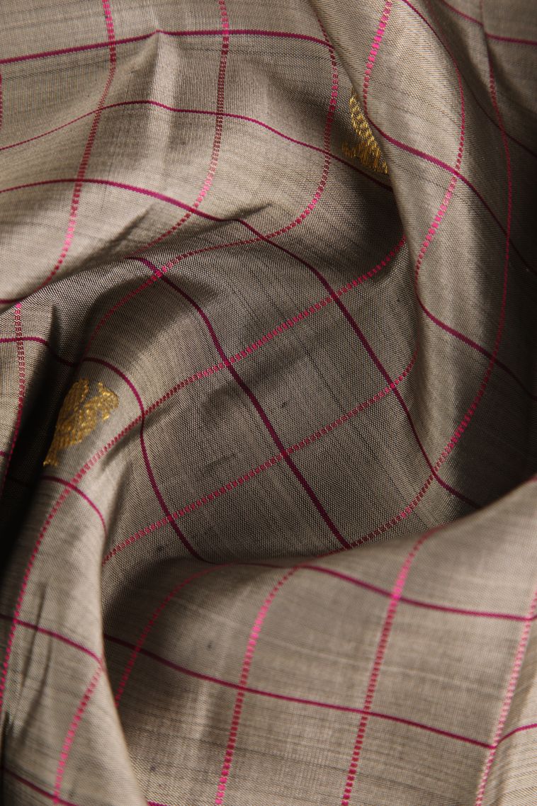Taupe  Black Kanchipuram Silk Sarees with Gold Zari Checks And Puttas view 4