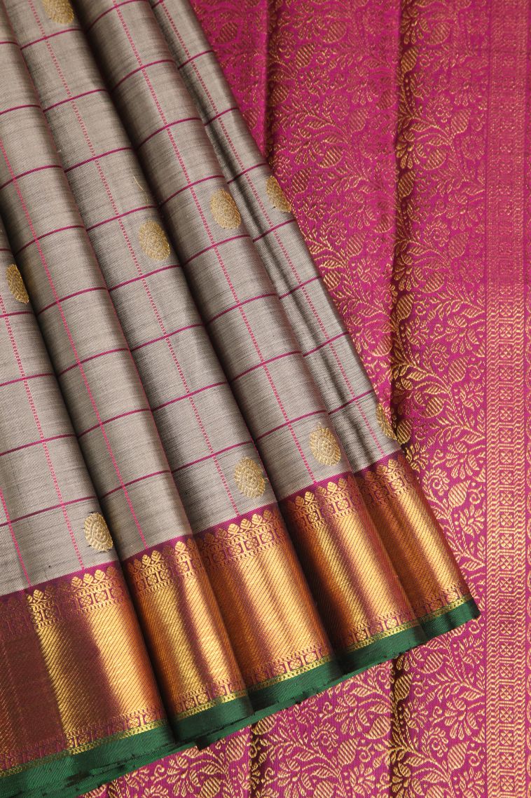 Taupe  Black Kanchipuram Silk Sarees with Gold Zari Checks And Puttas view 1