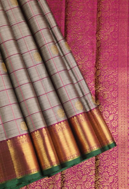 Taupe  Black Kanchipuram Silk Sarees with Gold Zari Checks And Puttas