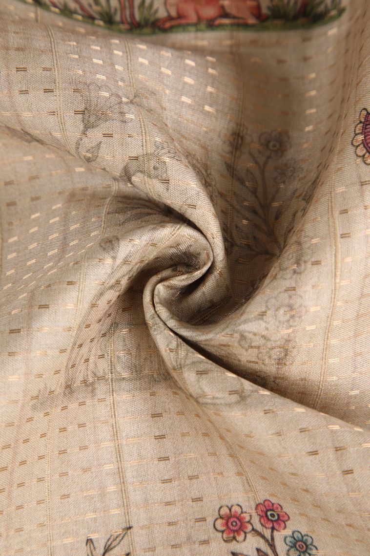 Vanilla Custard Yellow Semi Tussar Silk with Gold Zari Peacock And Animal view 4