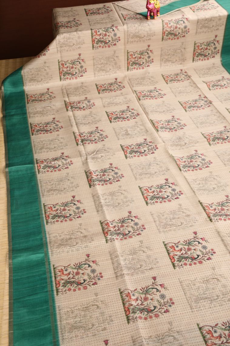 Vanilla Custard Yellow Semi Tussar Silk with Gold Zari Peacock And Animal view 2