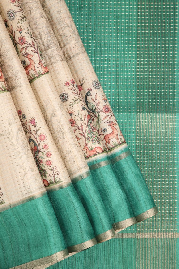 Vanilla Custard Yellow Semi Tussar Silk with Gold Zari Peacock And Animal view 1