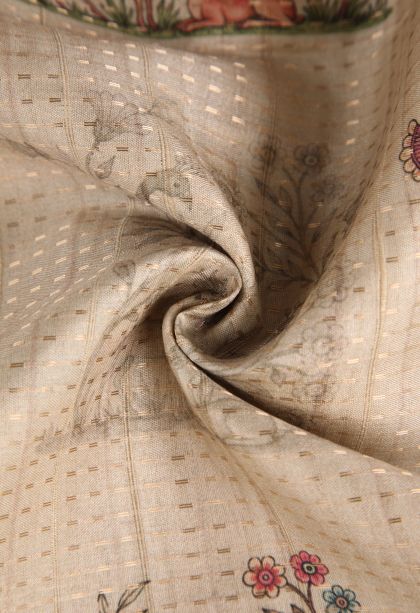 Vanilla Custard Yellow Semi Tussar Silk with Gold Zari Peacock And Animal