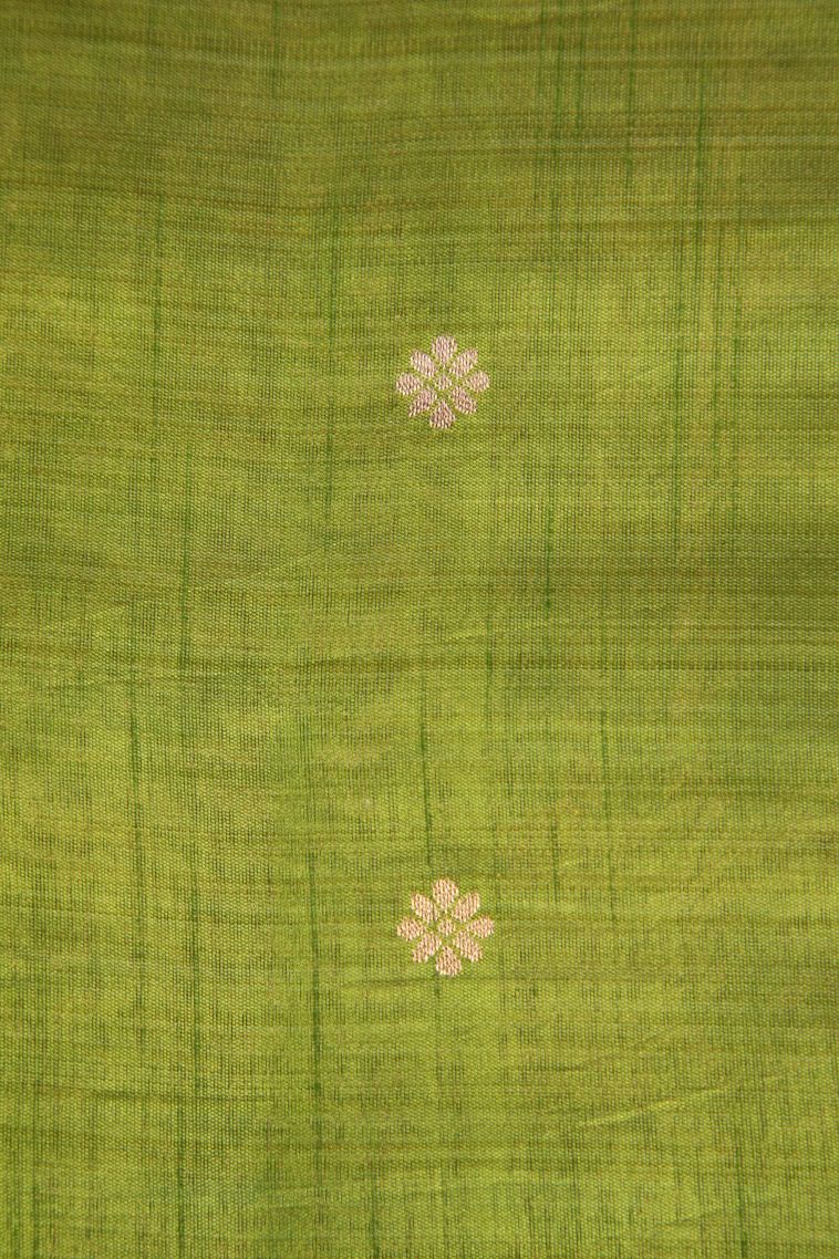 Olive Green Semi Tussar Silk with Gold Zari Cross Straipes view 3