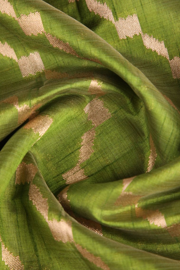 Olive Green Semi Tussar Silk with Gold Zari Cross Straipes view 4