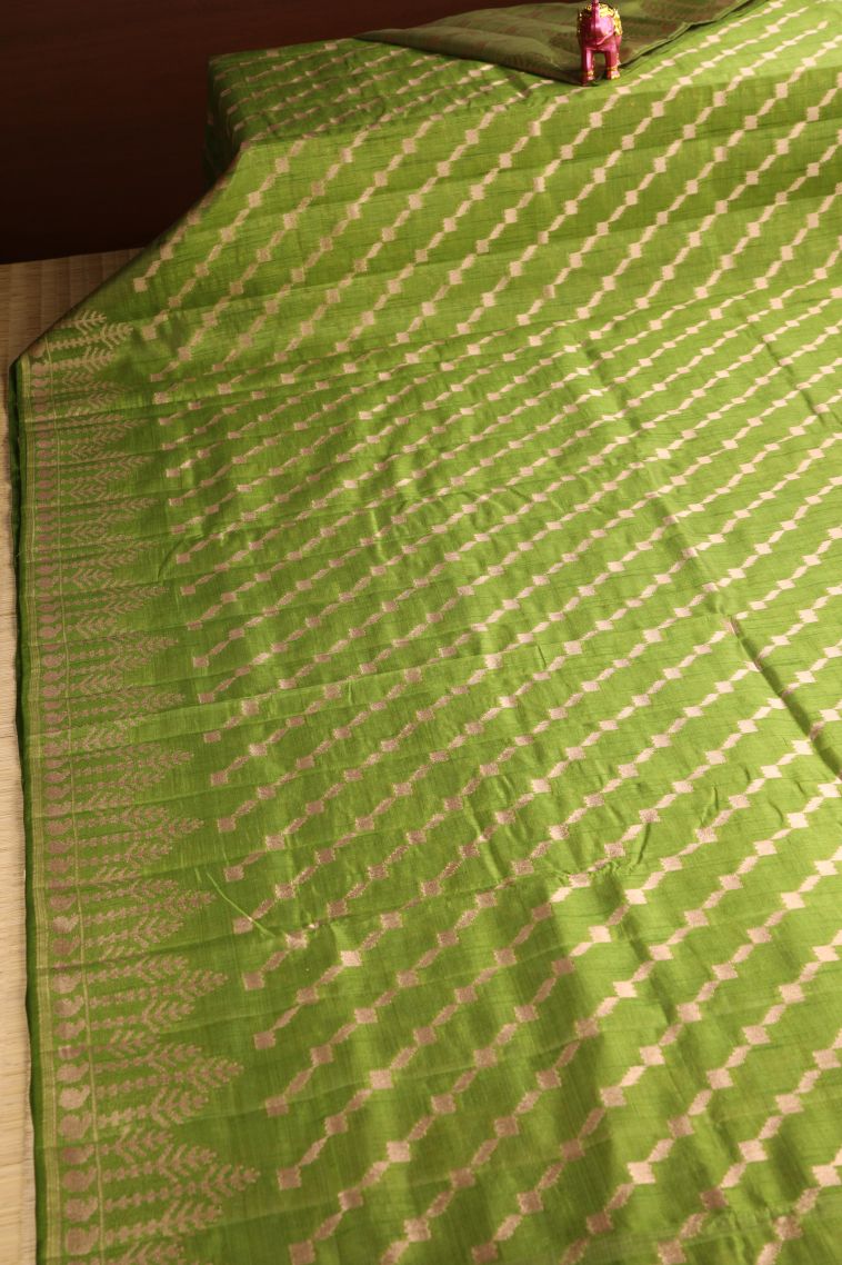 Olive Green Semi Tussar Silk with Gold Zari Cross Straipes view 2