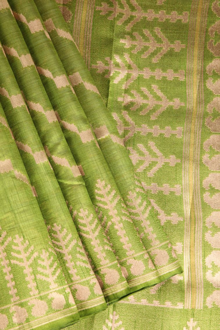 Olive Green Semi Tussar Silk with Gold Zari Cross Straipes view 1