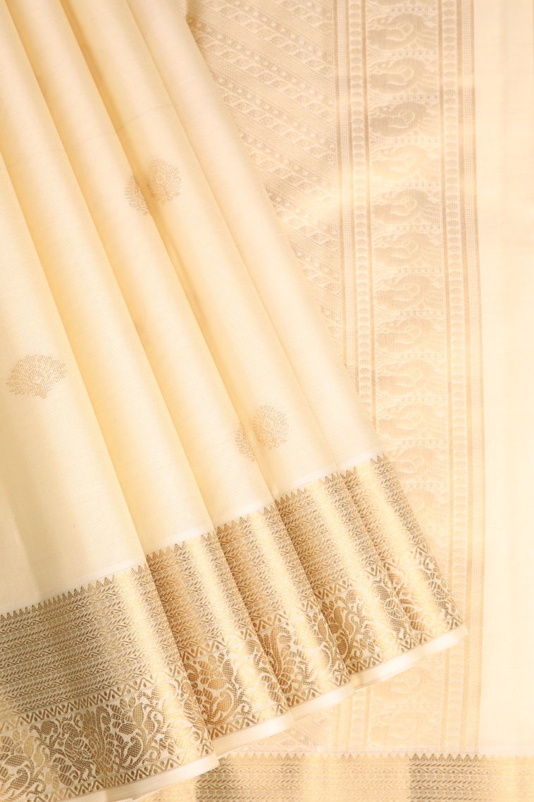 Linen White Soft Silk Saree with Gold Zari Floral Puttas