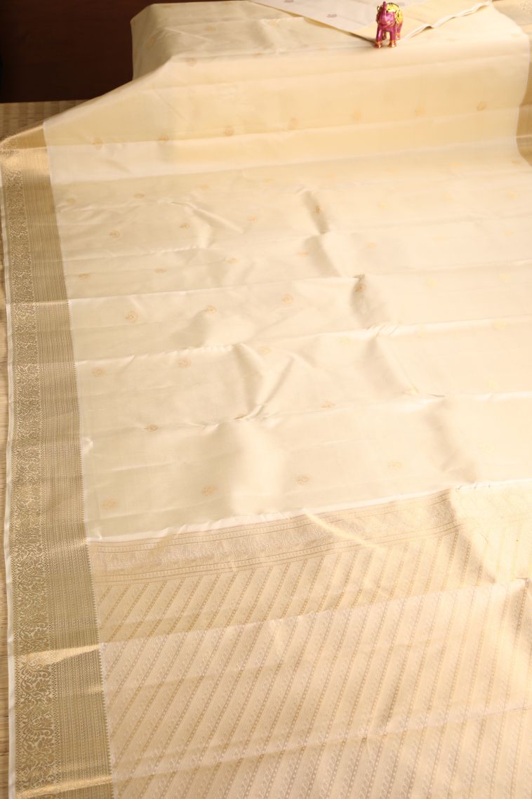 Linen White Soft Silk Saree with Gold Zari Floral Puttas view 2