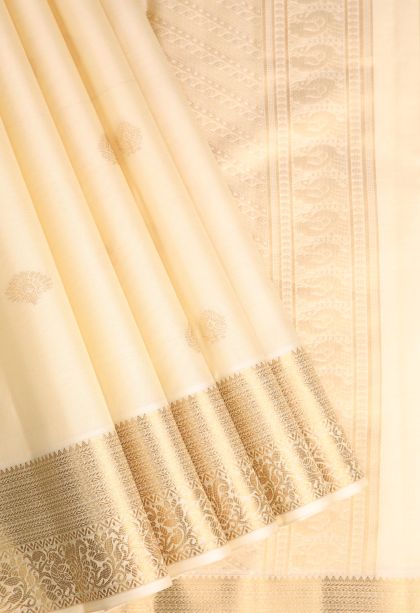 Linen White Soft Silk Saree with Gold Zari Floral Puttas